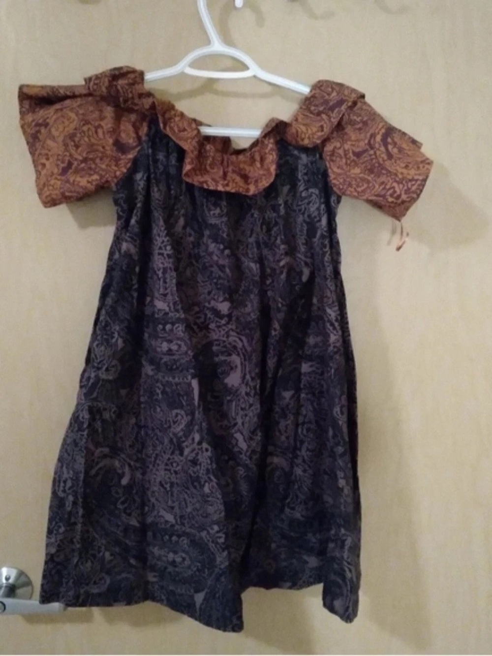 Free People Black Paisley Dress with Brown Ruffle Off-Shoulder